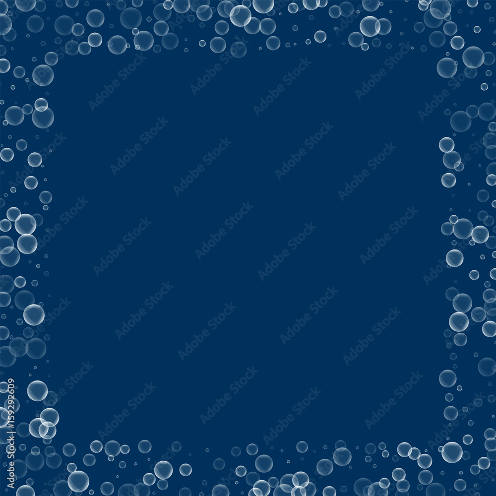 Soap bubbles. Square scattered border with soap bubbles on deep blue background. Vector illustration. Soap bubbles. Square scattered border with soap bubbles on deep blue background. Vector illustration.