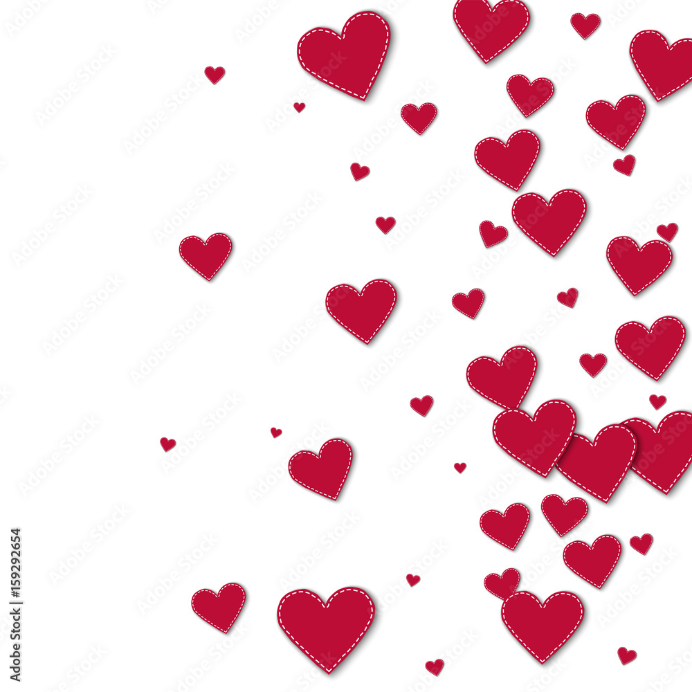 Red stitched paper hearts. Right gradient with red stitched paper hearts on white background. Vector illustration.