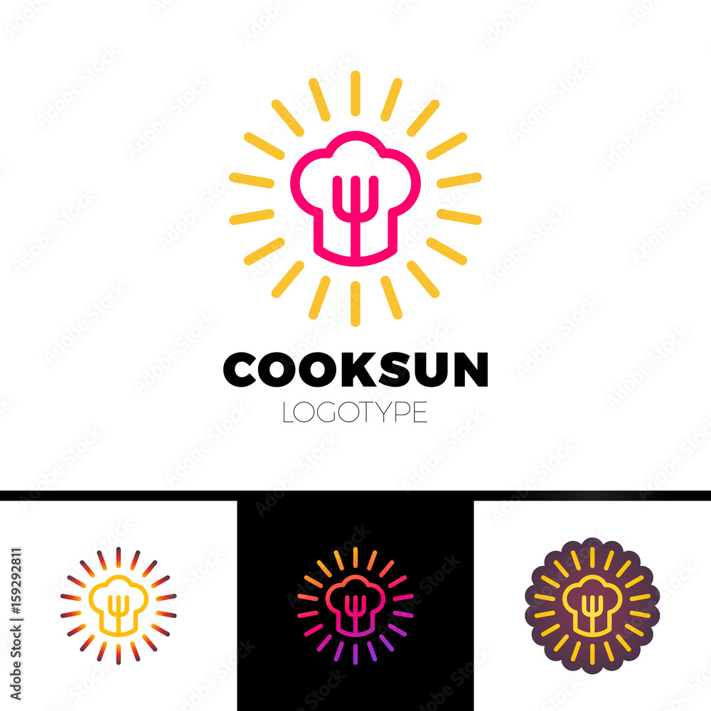 Fototapeta premium Kitchen, cafe, restaurant - vector logo template concept illustration. Chef hat, fork and sun. Sunny food sign. Design elements.