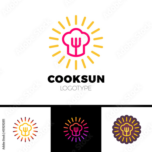 Kitchen, cafe, restaurant - vector logo template concept illustration. Chef hat, fork and sun. Sunny food sign. Design elements.