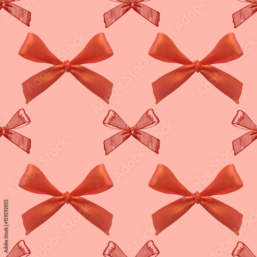 Seamless pattern with realistic and sketched bows on red background. Red bows.