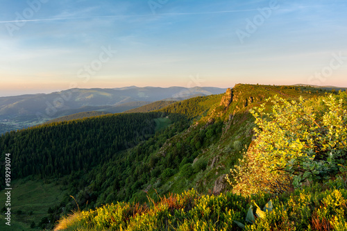 French countryside - Vosges. Sunrise in the Vosges with a view of the Rhine valley, the Black Forest (Germany) and the Alps in the background.