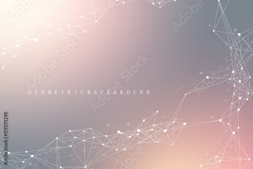 Geometric abstract background with connected line and dots. Network and connection background for your presentation. Graphic polygonal background. Scientific vector illustration.