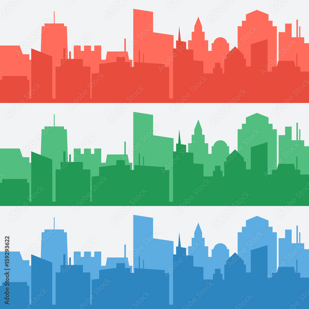 Vector set of banners with colored city silhouettes