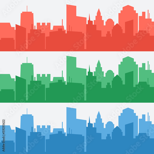 Vector set of banners with colored city silhouettes