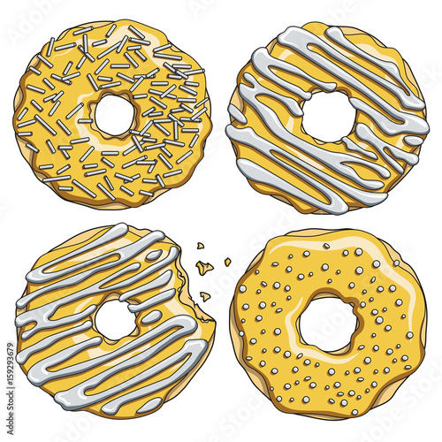 Set of gold donuts with silver cream. Isolated objects on white background.