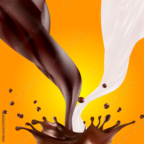 Milk and chocolate splashes cross over, mix and fall, making a crown. Pure two sweet liquid flow and twist in the air. vector 3d illustration. isolated. milkshakes: white and brown wavy fluids