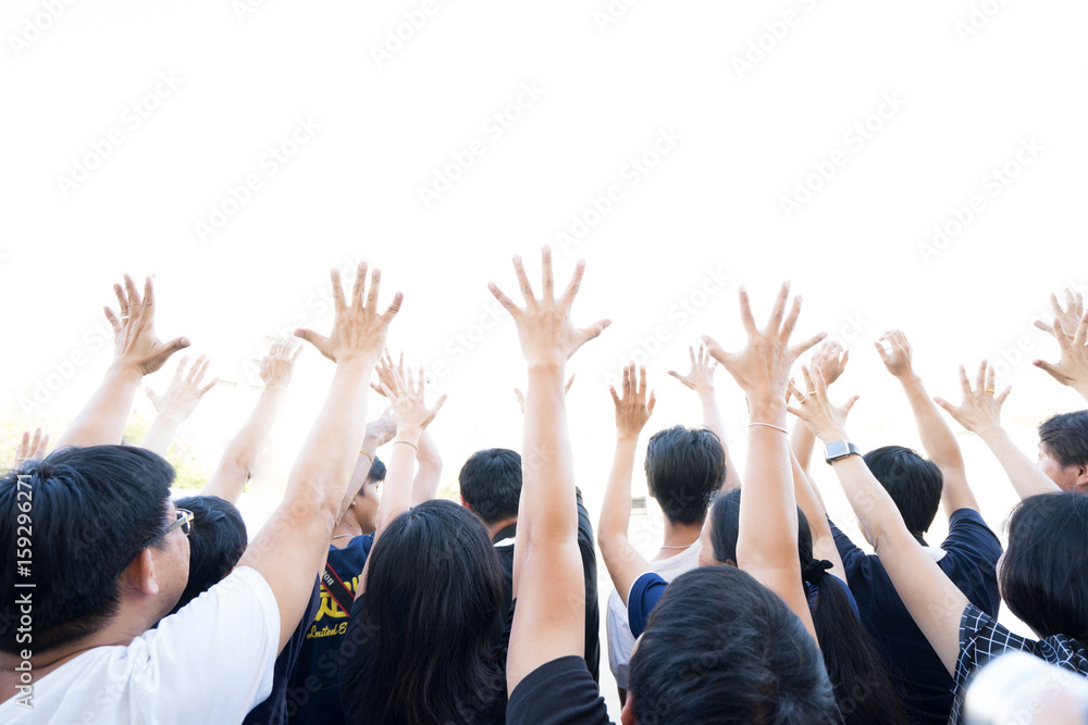 Hands Up: Group of people lifting hands isolated white background Hands Up: Group of people lifting hands isolated white background