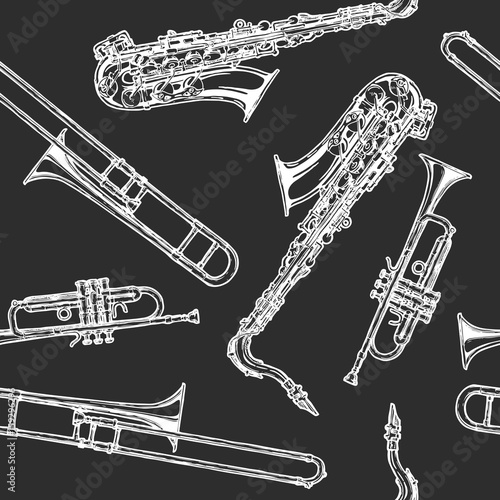 Seamless pattern with woodwind and brass musical instrument