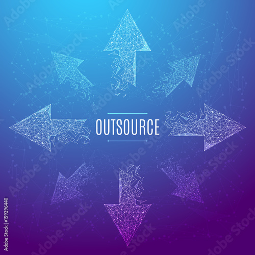 Polygonal outsource concept. White arrows pointing in different directions. Business illustration. Vector mesh spheres from flying debris. Thin line.