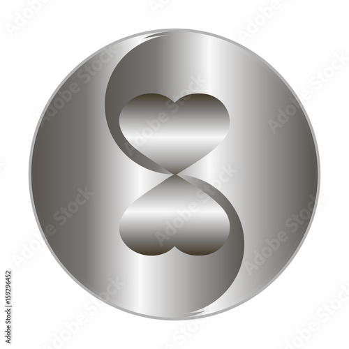 Two metallic hearts together in yin yang symbol. Isolated graphic vector illustration. Abstract circle, geometric badge with metal texture for logo, design concepts, web, interfaces, banners, app. 