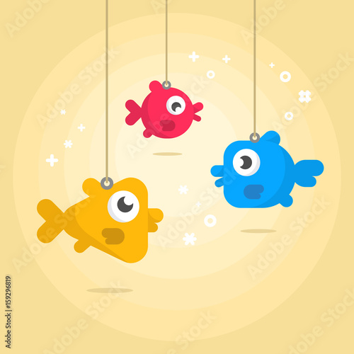Illustration of funny fishes on the rope.
