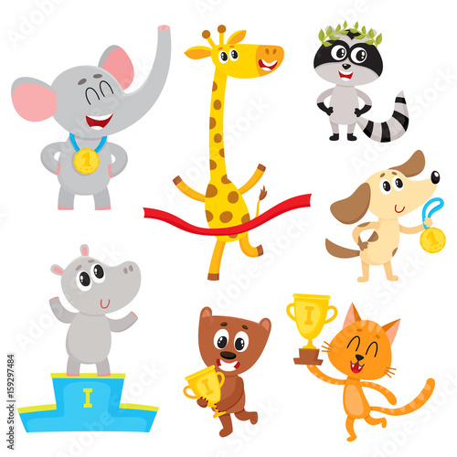 Cute little animal characters  champions  winners holding medals  cups  standing on pedestal  cartoon vector illustration isolated on a white background. Little baby animal champions with medals  cups