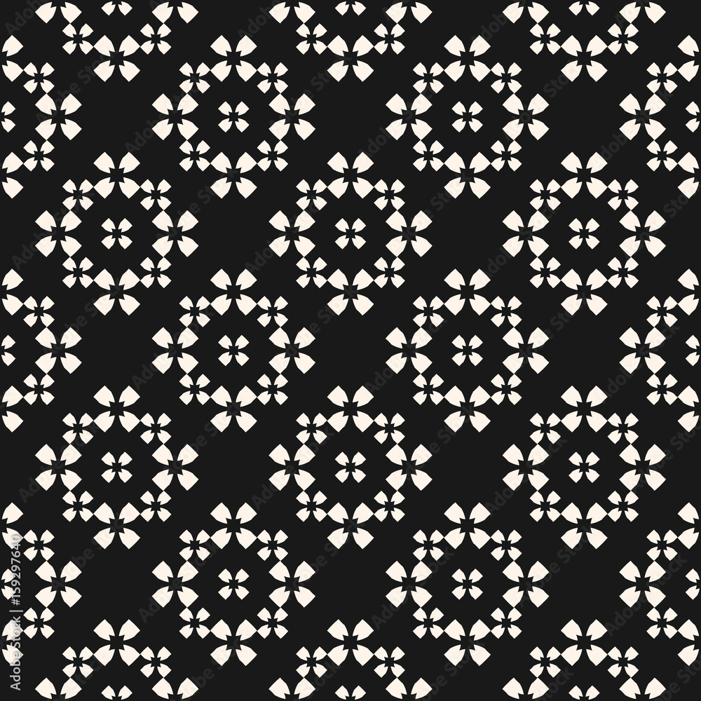 Vector monochrome seamless pattern, floral geometric background with quatrefoil flower silhouettes. Simple dark abstract texture, repeat tiles. Stylish design element for decor, fabric, prints, covers