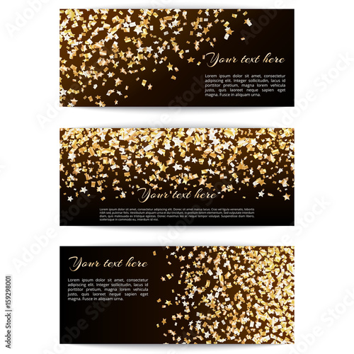 Set of holiday banners with golden confetti stars on a dark background
