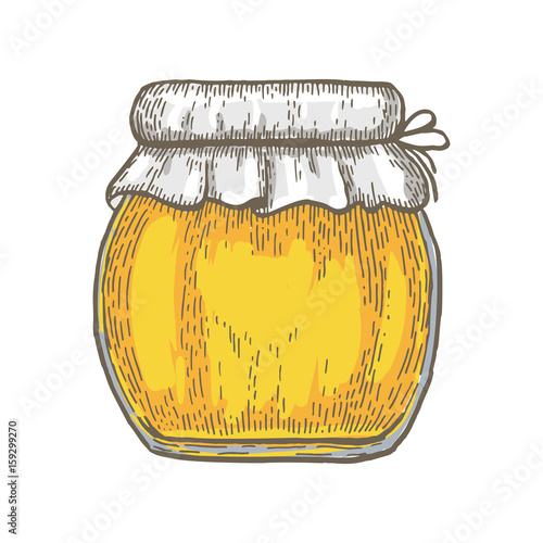 Hand drawn jar of honey over white background