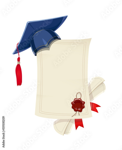Blue academicic graduation cap with diploma blank and scroll.