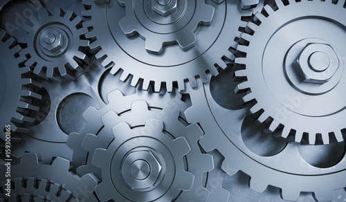 3D rendered illustration of metallic gears and cogs.