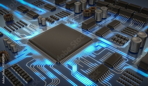 3D rendered illustration of electronic circuit with microchips and glowing signals. photo