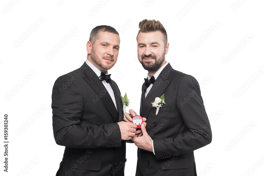 smiling homosexual wedding couple in suits holding wedding rings and looking at camera smiling homosexual wedding couple in suits holding wedding rings and looking at camera