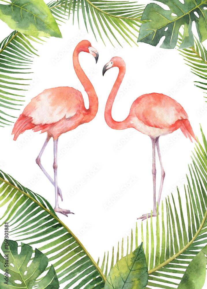 Fototapeta premium Watercolor card of tropical leaves and the pink Flamingo isolated on white background.
