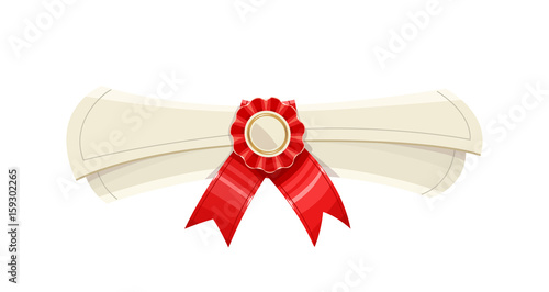 Diploma scroll with medal and red ribbon. Finish school, college.