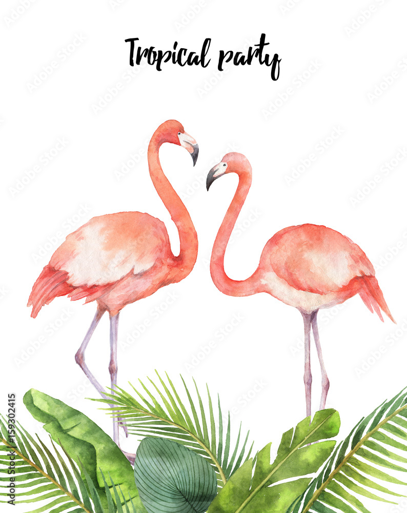 Fototapeta premium Watercolor card of tropical leaves and the pink Flamingo isolated on white background.