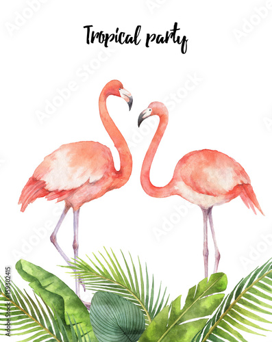 Watercolor card of tropical leaves and the pink Flamingo isolated on white background.