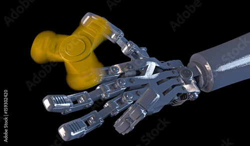 3D illustration concept of a fidget spinner held by a robot hand. Fictitious fidget spinner.