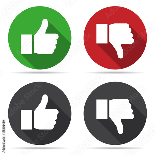 Thumbs up and thumbs down icons with shadow in a flat design