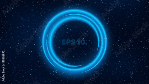 A shining banner of neon lines of blue color against the background of the star sky. Fantastic, cosmic space. Enter your text in the template. Glittering stars in the dark. Vector illustration