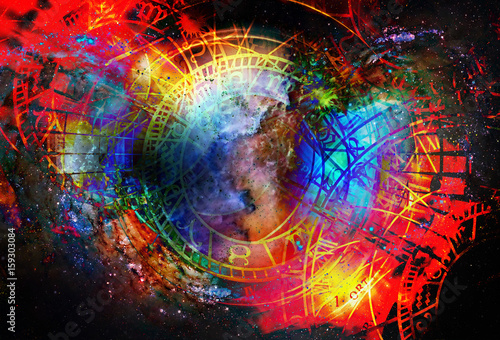 Zodiac collage in cosmic space. Abstract color background.