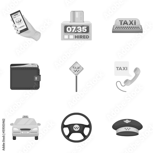 Set of icons about the taxi. A call taxi driver, Parking. Transportation around the city.Taxi icon in set collection on monochrome style vector symbol stock illustration.