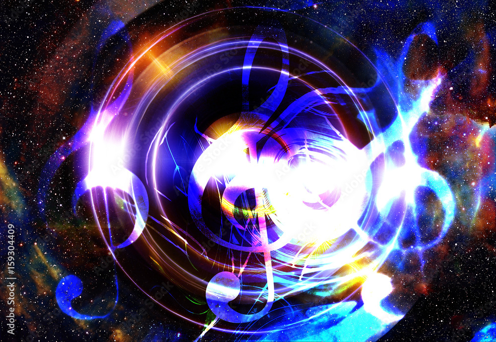 Music notes and clef in space with stars. abstract color background ...