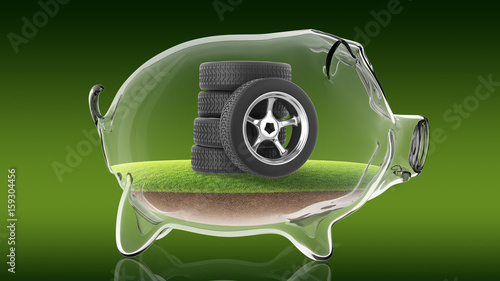 Rubber tire inside transparent piggy bank. 3d rendering