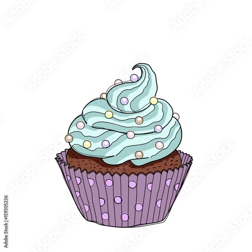 Hand drawn cupcake with doodle buttercream for pastry shop menu.