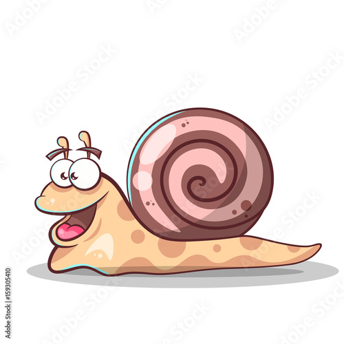Cute, happy cartoon snail isolated on white background