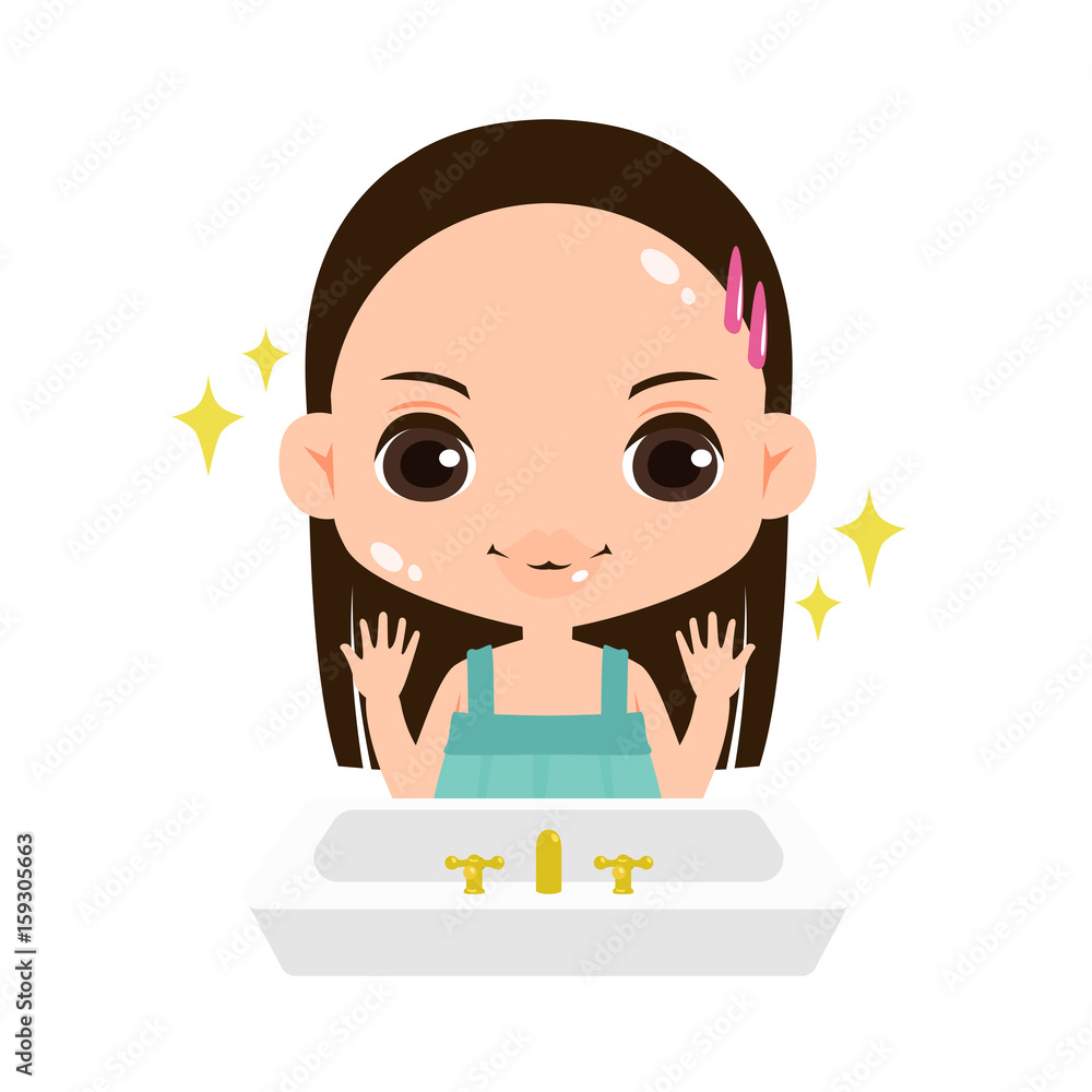 Illustration of a girl who turned on beautiful skin with cleanser after washing face