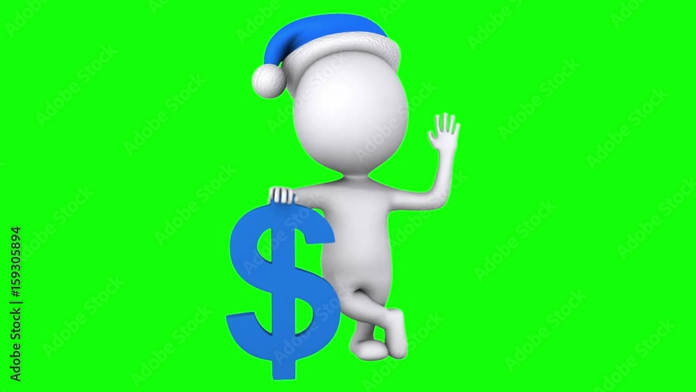 3d white man santa claus stand with blue dollar sign. Wave hello. Render christmas footage. Money concept. 3d white man santa claus stand with blue dollar sign. Wave hello. Render christmas footage. Money concept.