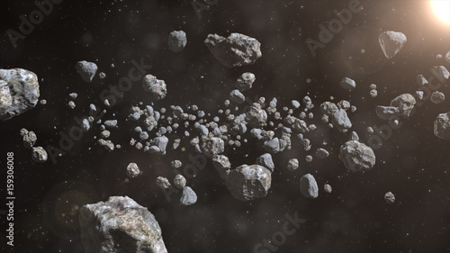Closeup on meteor lumps in space. Dark background. Suitable for any fantasy, astronomy or space realted purposes. 3d illustration photo