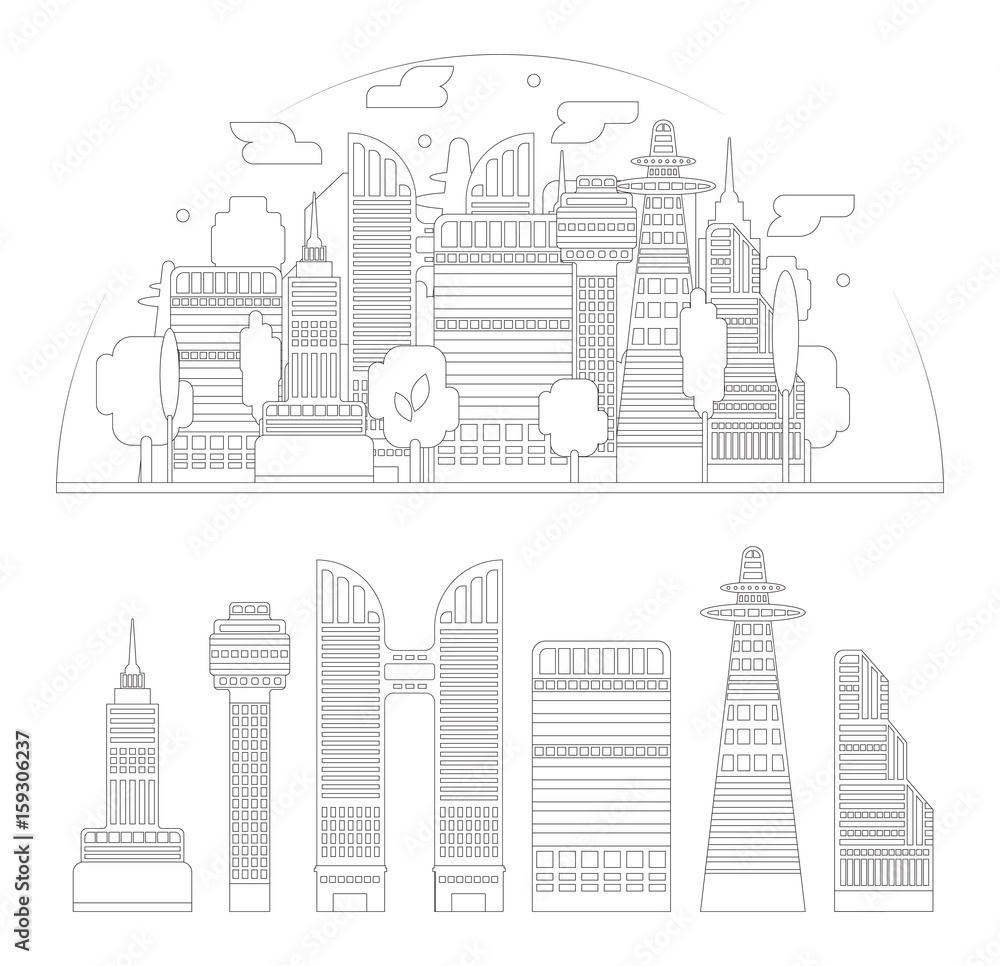 City silhouette and skyscrapers isolated. Illustration for color book, banner