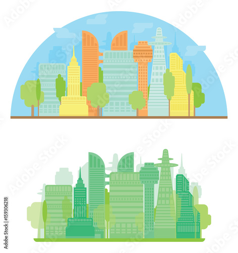 Colorful city silhouette and green city in flat style. Eco illustration for banner, stickers