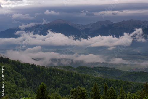 Mountain landscape shortly after spring rain. Slovenian Alps. Forest Road, venerable tree, fog, clouds and peaks. The village of Jamnik Slovenia.