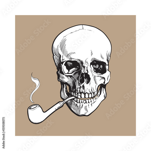 Hand drawn human skull smoking lacquered wooden pipe, black and white sketch style vector illustration isolated on brown background. Realistic hand drawing of skull with smoking pipe