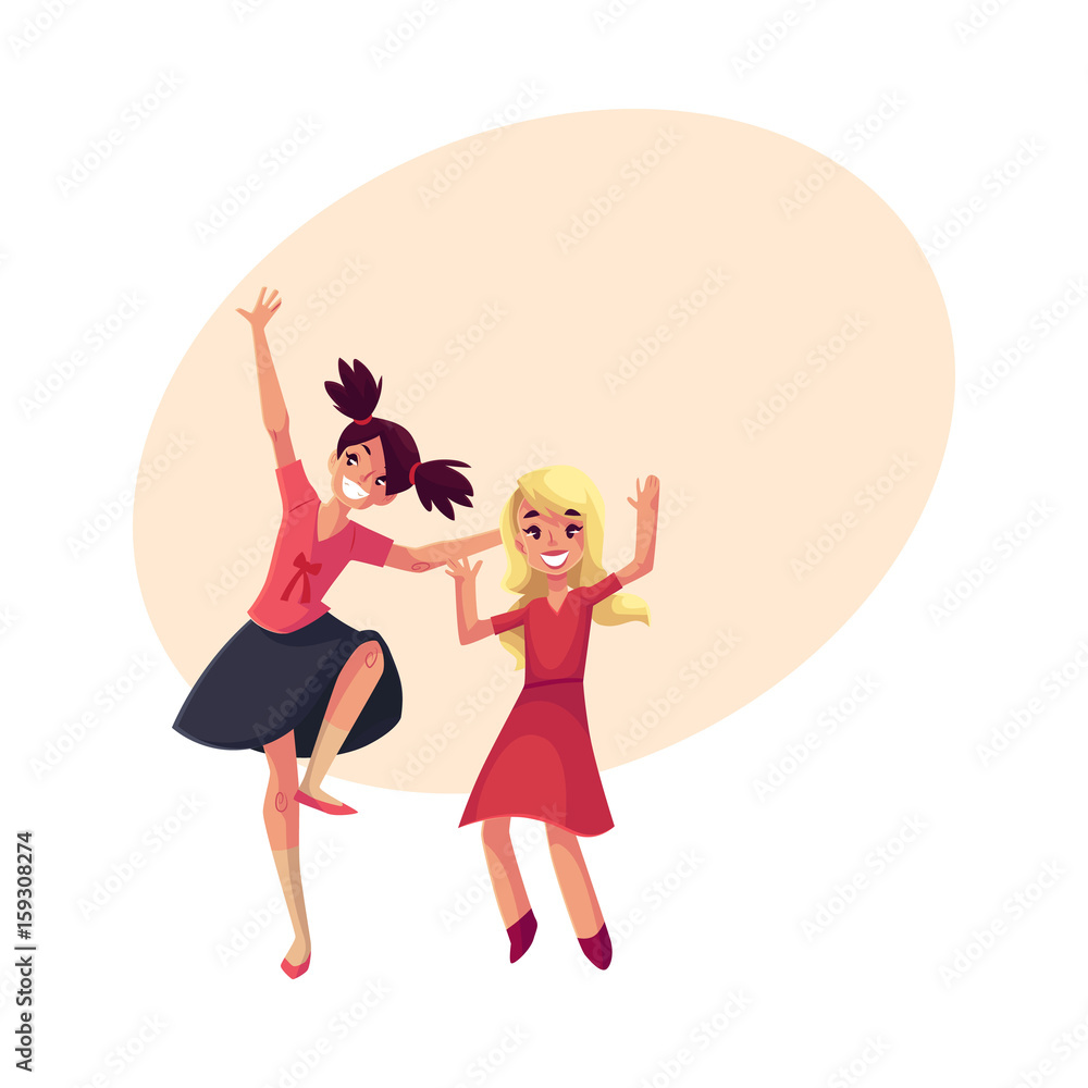 Two girls, one teenager with black ponytails, another blond preschooler, dancing at party, cartoon vector illustration with space for text. Happy girls dancing, having fun at a kids party Two girls, one teenager with black ponytails, another blond preschooler, dancing at party, cartoon vector illustration with space for text. Happy girls dancing, having fun at a kids party