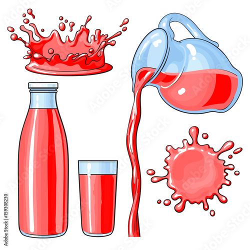Splashing, pouring red juice in bottle, glass, jug, sketch vector illustration isolated on white background. Hand drawn glass, bottle with red, strawberry, cherry, berry juice, juice pouring from jug