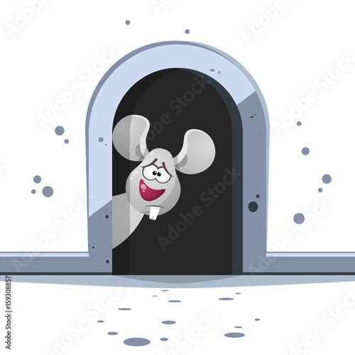 Cute cartoon mouse with big tooth on dark hole