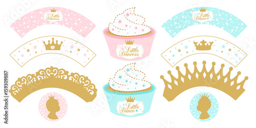 Set of cupcake wrappers  for party. Little girl and boy. Princess and Prince.  Gender reveal party. Print and cut