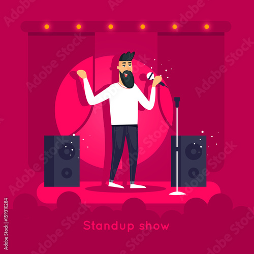 Standup show. Guy is performing on stage. Character design. Flat vector illustration.