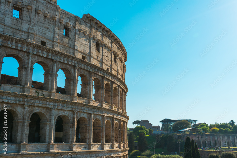 Arched curved facade of the Colosseum, Rome